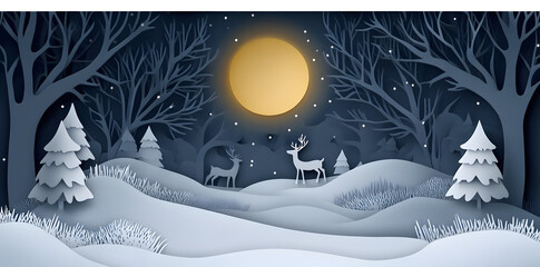 Winter forest with deer under the moonlight paper cut art style card