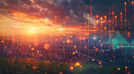 Naklejka premium Vibrant sunset over a cityscape with digital elements