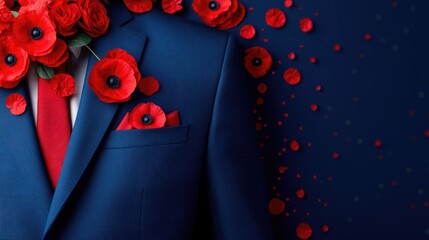 Anzac day tribute with poppy pins on blue suit for remembrance commemoration