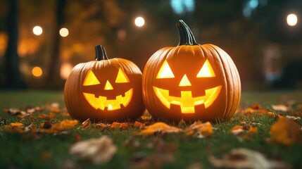 Fototapeta premium Halloween chaos with jack-o-lanterns in autumn evening scene