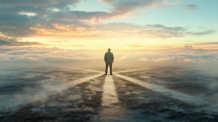 Fototapeta premium A solitary figure standing on the edge of the world overlooking a sea of clouds at dawn symbolizing hope and reflection