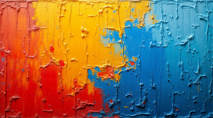 Fototapeta premium 油絵の具のような豊かなストロークと鮮やかな赤、青、黄色をブレンドした抽象的な質感の壁紙。