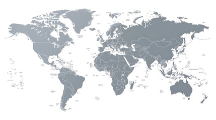 World Map: A sleek and modern world map, rendered in a minimalist grey tone, with a focus on continents and country borders. Ideal for presentations, reports, and educational materials.  
