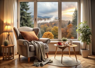 Cozy Corner Living Room with Window View, Overcast Sky, Comfortable Seating, Warm Decor, Relaxing Atmosphere, Home Interior, Natural Light, Soft Textures, Inviting Space