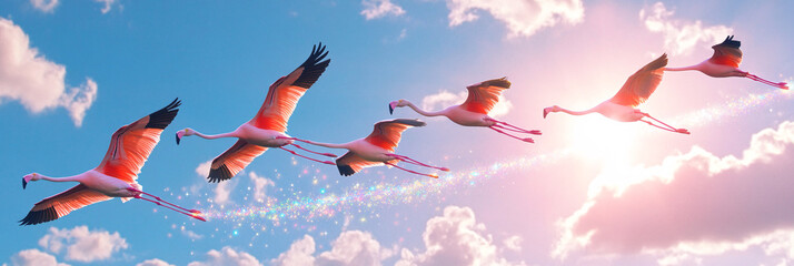 A flock of flamingos flying through the sky with their wings trailing rainbow sparkles 