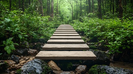 Obraz premium Serene wooden pathway through lush green forest a tranquil journey into nature's embrace