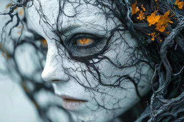 Close-up of a fantasy woman with tree-like features, pale skin, dark branches covering her face, and glowing orange eyes, creating a haunting atmosphere