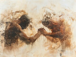 Abstract Painting of Two Figures Holding Hands