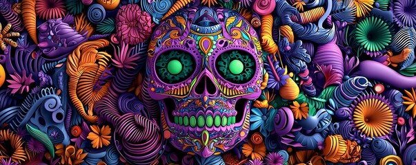 Bright sugar skull with neon purple and green patterns, glowing in dark, intricate swirls