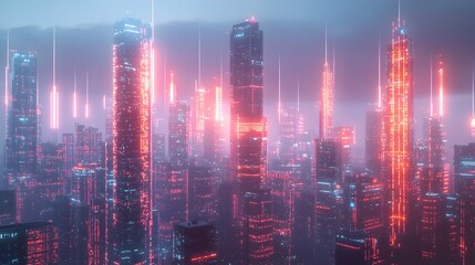 Futuristic Cityscape with Interconnected Glowing Data Streams Symbolizing Smart City Technology