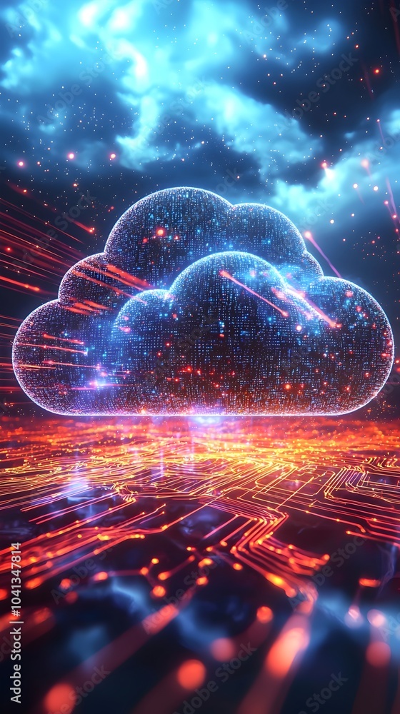 Poster futuristic cloud shaped network with streaming digital data symbolizing cloud computing and digital 