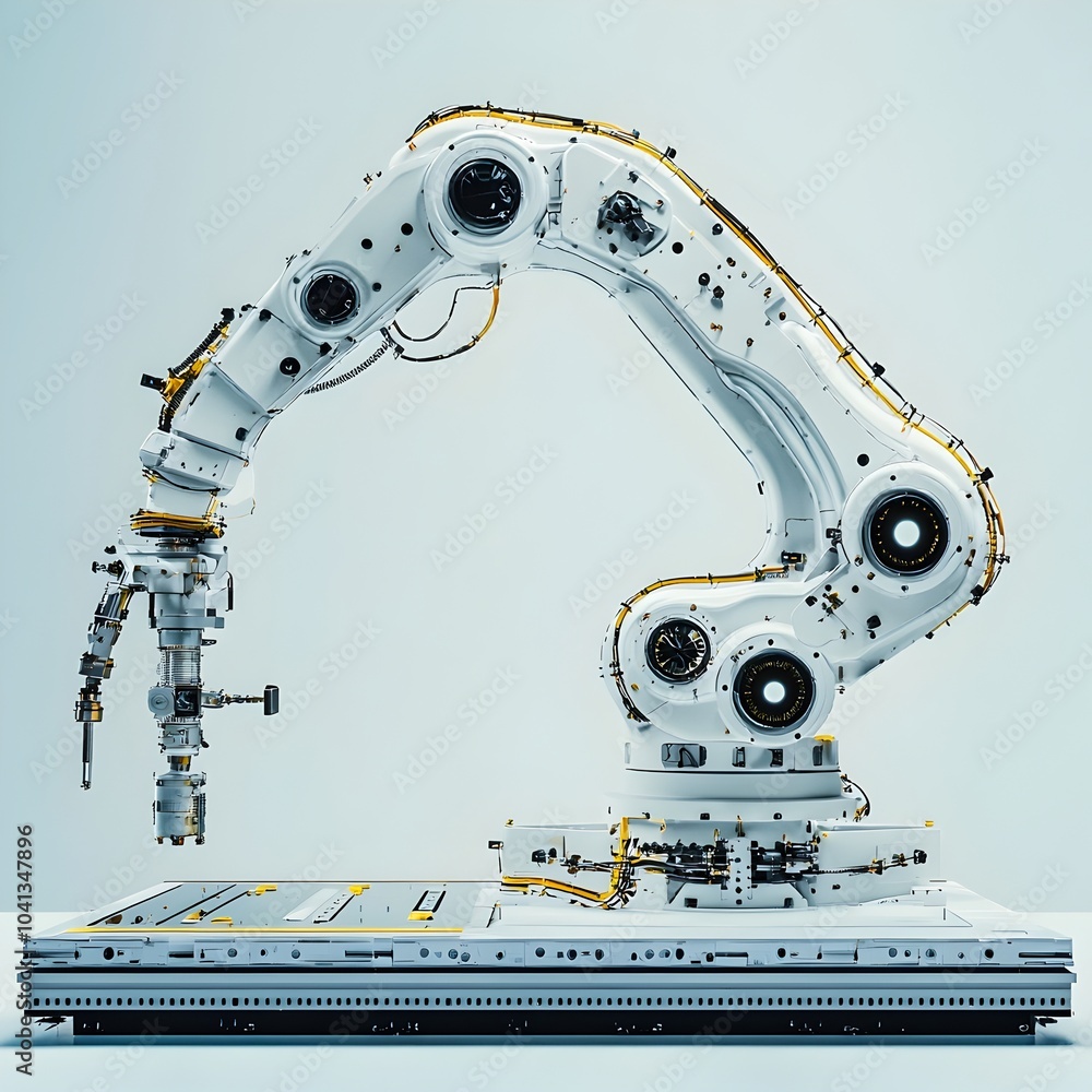 Poster robotic arm assembling complex machinery with precision representing advancements in industrial auto