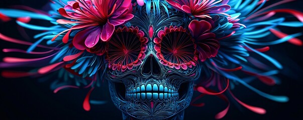 Fototapeta premium Luminous sugar skull glowing with vibrant red and blue accents, intricate Day of the Dead