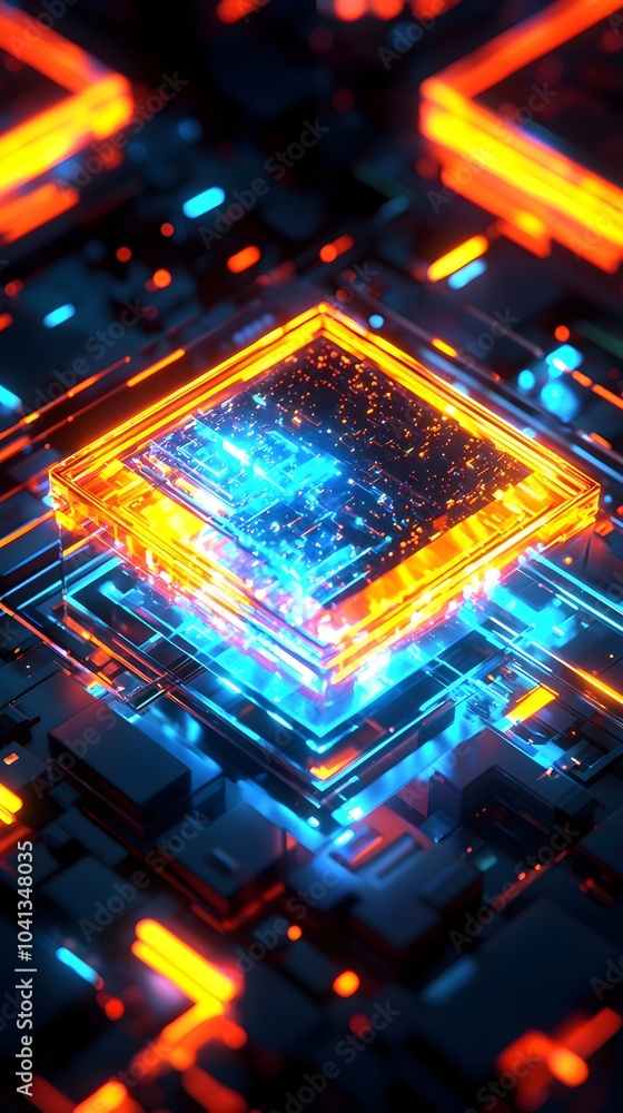 Poster futuristic quantum computer visualization representing cutting edge computing technology