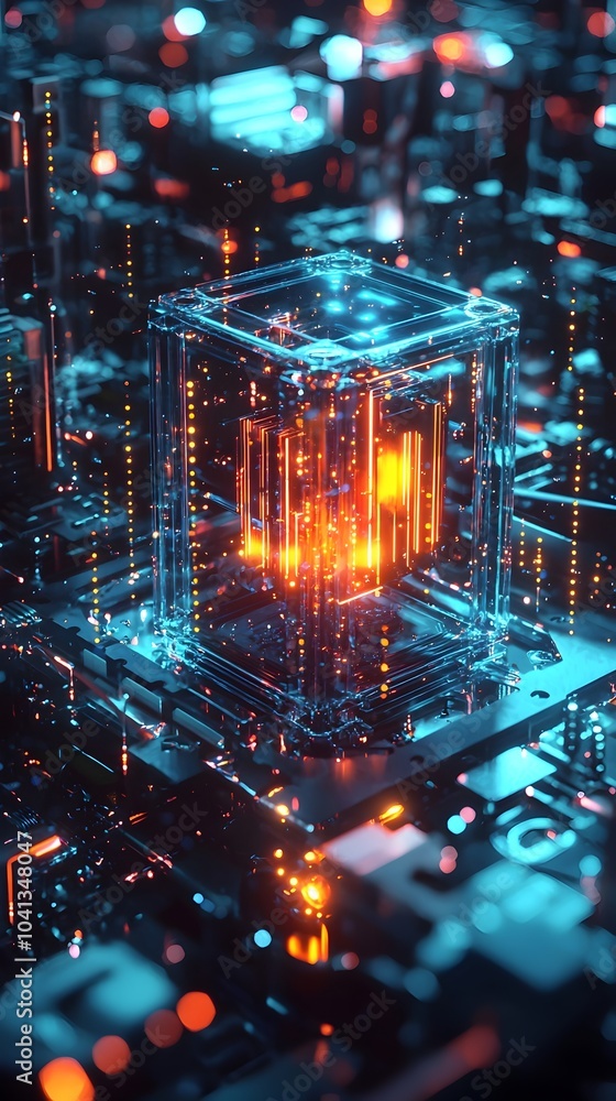 Poster futuristic quantum computer visualization depicting cutting edge computing technology
