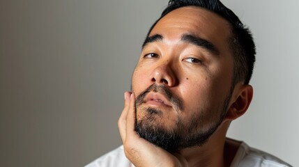 portrait of an asian man touching his beard