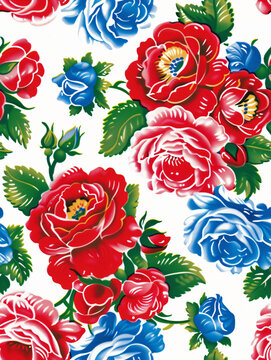 seamless pattern red blue floral vintage bold rose tectile wallpaper retro flower motif decoration surface traditional bloom timeless elegant style green leaves women girl garden decor clipart drawing
