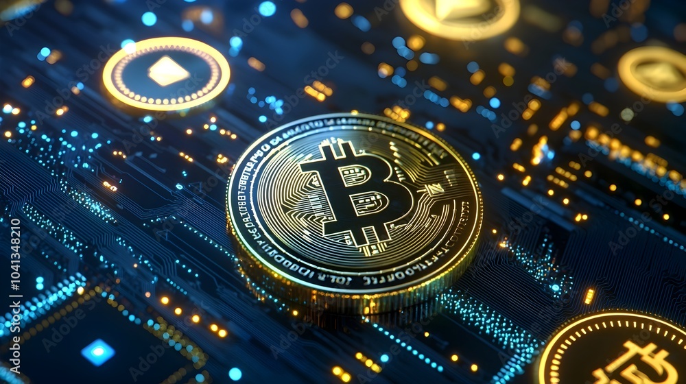 Poster futuristic virtual currency coin with blockchain symbols representing the future of finance and cryp