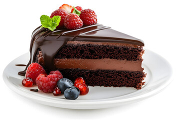 Chocolate cake slice with delicious glaze and berries on a white plate isolated on white background