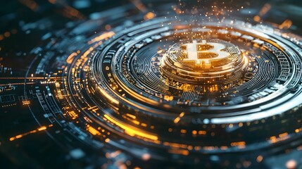 Futuristic Virtual Currency Coin with Blockchain Symbols Representing the Future of Finance and Cryptocurrency
