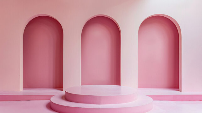 Pink arch podium soft Monochromatic background backdrop display showcase presentation commercial ad web design cosmetic firl women products Contemporary Architectural Three Central round platform 