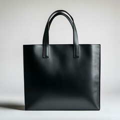Black leather handbag with textured finish on white background.