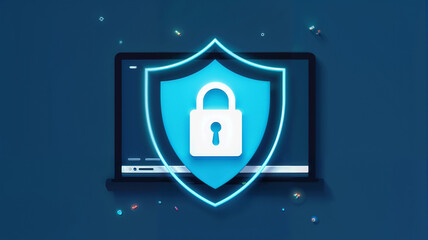 Cyber security concept. Shield and tablet on blue background. Illustration