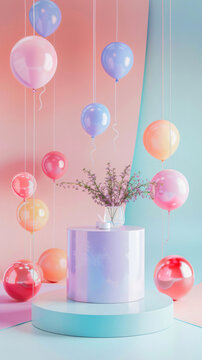 playful elegance floating balloon pastel podium display background pink blue purple baby color modern floral arrangment commercial ad wbd design cosmetic candle