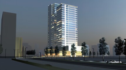 Naklejka premium Modern Skyscraper Building with Green Landscaping and Blue Sky