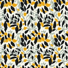 Modern printed fabric wildflower blockprint pattern with linen fabric textures. Stylized hand drawn boho dark florals for decorative design elements in repeatable background tile.