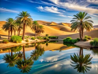 Obraz premium Desert Safe: Serene Oasis with Lush Palm Trees, Clear Blue Sky, and Tranquil Sand Dunes Evoking Peace and Solitude in the Arid Landscape