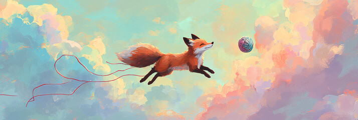 A fox chasing a floating ball of yarn through a sky filled with pastel-colored clouds 