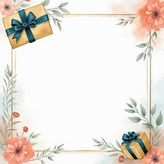 Obraz premium Watercolor Valentine gift box border. Frame of surprize watercolor box package with ribbon