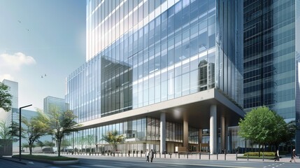 Modern Skyscraper Building with Green Landscaping and Blue Sky