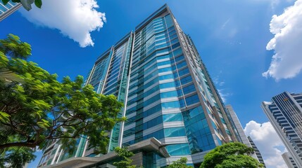 Modern Skyscraper Building with Green Landscaping and Blue Sky