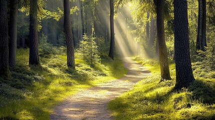 Obraz premium Serene Forest Path with Sunlight Rays