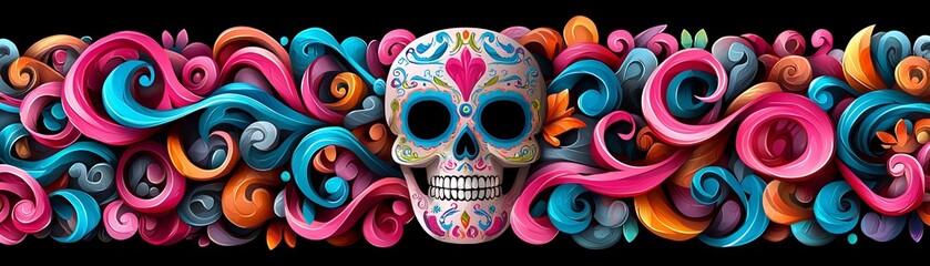 Bright glowing sugar skull with intricate swirls, neon pink and blue, dark background