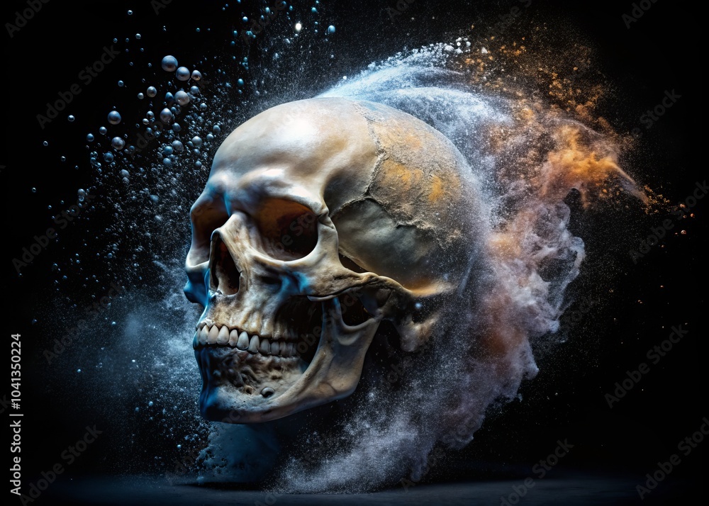 Aufkleber dynamic motion graphics of particles creating a rotating human skull on black background for visual 