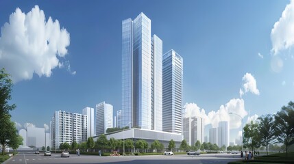 Obraz premium Modern Skyscraper Building with Green Landscaping and Blue Sky