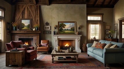 Cozy living room with a fireplace, sofa, armchair, and paintings on the walls.