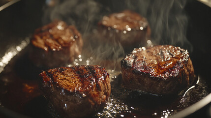 A dynamic shot of meat grilling in a pan, with oil bubbling and the edges caramelizing to a perfect sear, ready to be served.