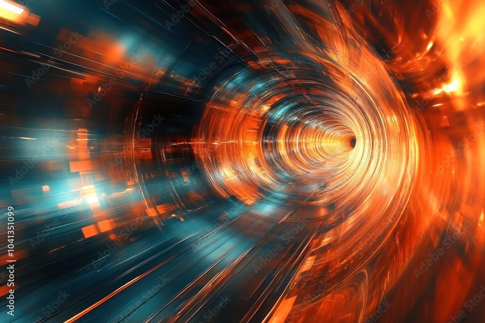 Poster a vibrant abstract representation of light and motion in a tunnel-like structure