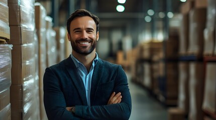 Fototapeta premium Businessman smiling confidently in warehouse setting