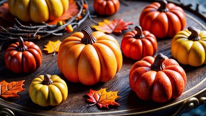 top view of pumpkins and autumn leaves, halloween and thanksgiving concept