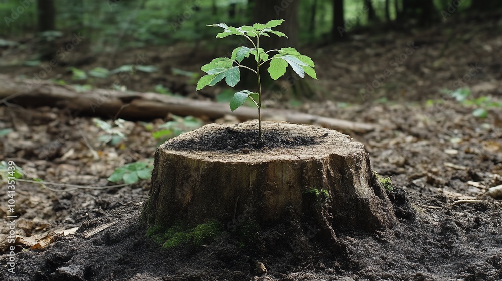 Poster a small tree sapling grows out of a tree stump in a forest.