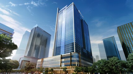 Fototapeta premium Modern Skyscraper Building with Green Landscaping and Blue Sky