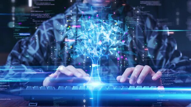 A person typing on a keyboard with a glowing digital tree emerging from the screen, symbolizing the growth of artificial intelligence and data science, surrounded by binary codes and digital elements.