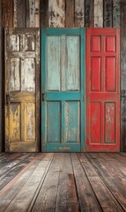 Three weathered wooden doors on wood floor.