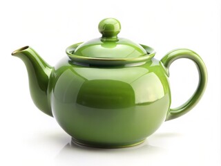 Elegant Green Tea Pot with Lid on White Background - Perfect for Tea Lovers, Home Decor, Kitchen Accessories, Minimalism, and Table Settings Photography