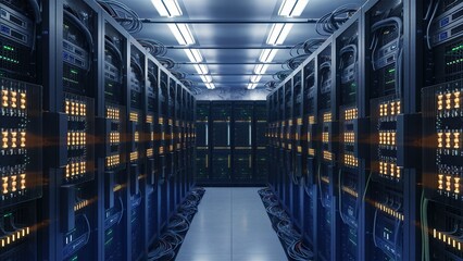 Fototapeta premium High-tech server room with glowing AI processing units